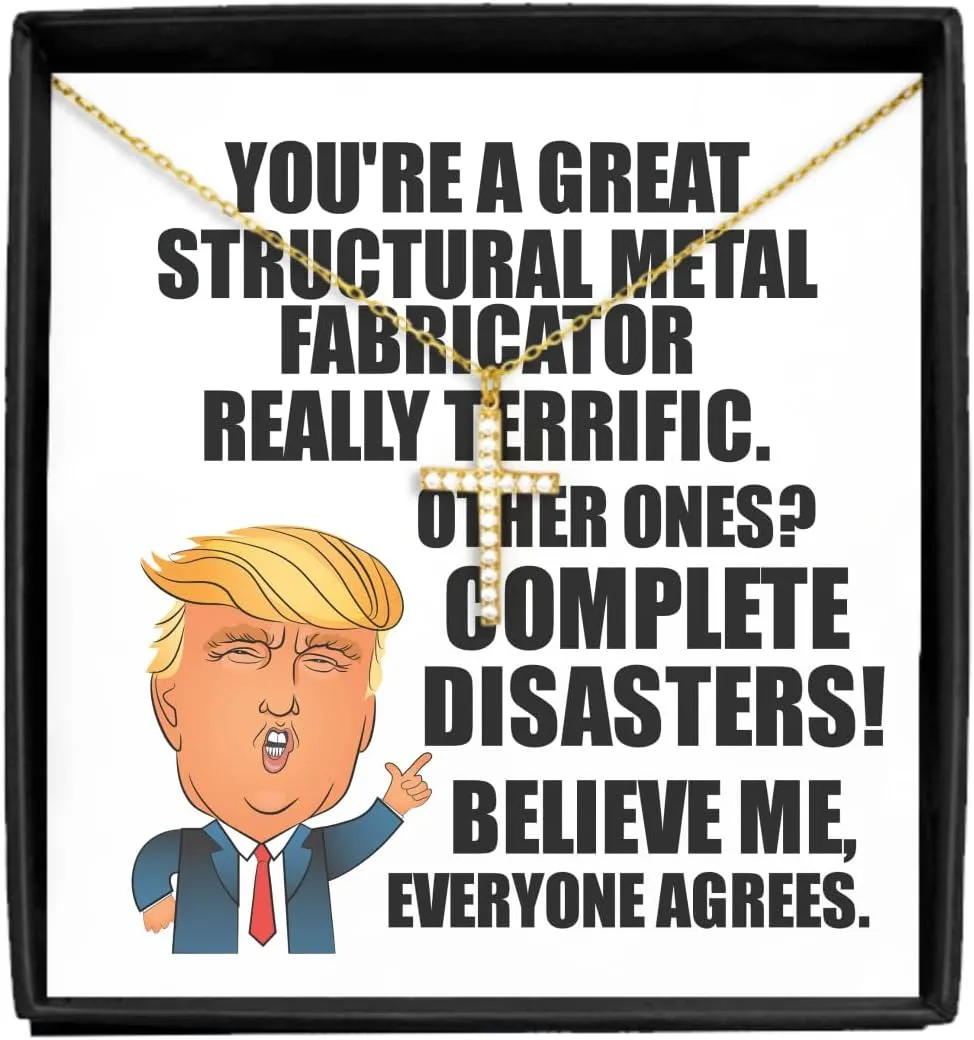 Trump Structural Metal Fabricator Necklace Pendant Funny Gift For Coworker Gag Great President Fan Potus Quote Office Joke Jewelry With Chain Message Card Box