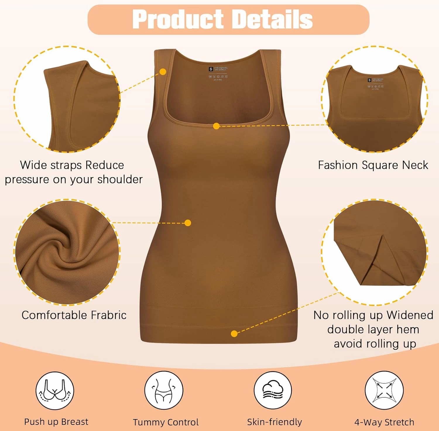 Tummy Control Shapewear Compression Tank Tops for Women Seamless Square Neck Body Shaper Camisole