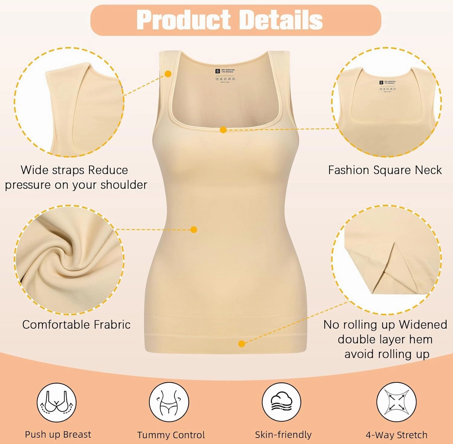 Tummy Control Shapewear Compression Tank Tops for Women Seamless Square Neck Body Shaper Camisole