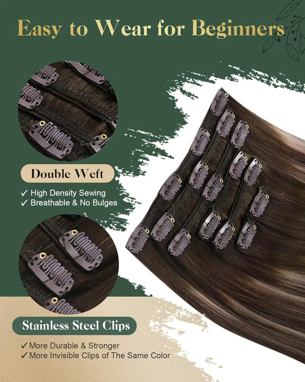 Ugeat 12 Inch Clip in Hair Extensions Real Human Hair Ombre Straight Hair Extensions Clip in Human Hair Dark Brown Balayage Ash Brown Remy Ends Natural Looking for Short 5pcs 85g