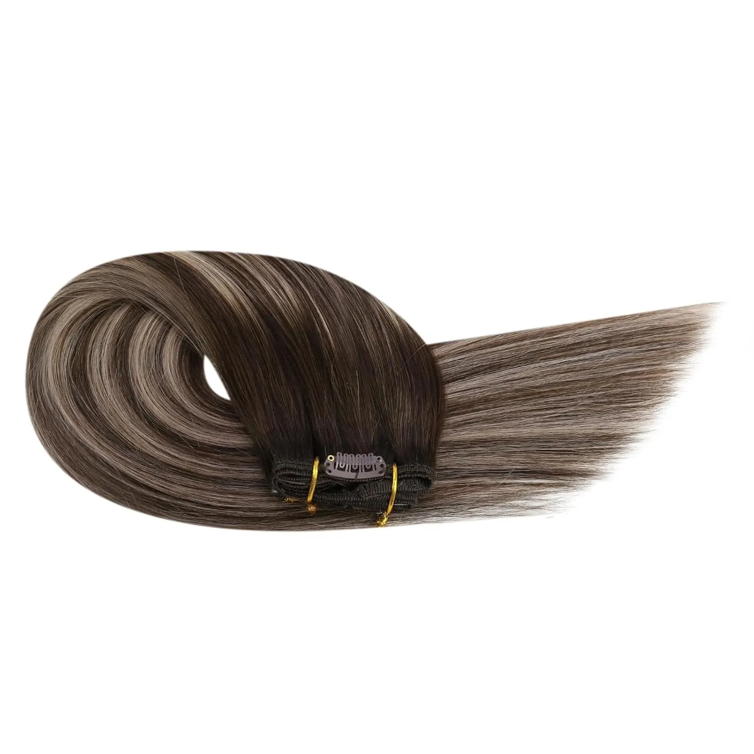 Ugeat 12 Inch Clip in Hair Extensions Real Human Hair Ombre Straight Hair Extensions Clip in Human Hair Dark Brown Balayage Ash Brown Remy Ends Natural Looking for Short 5pcs 85g
