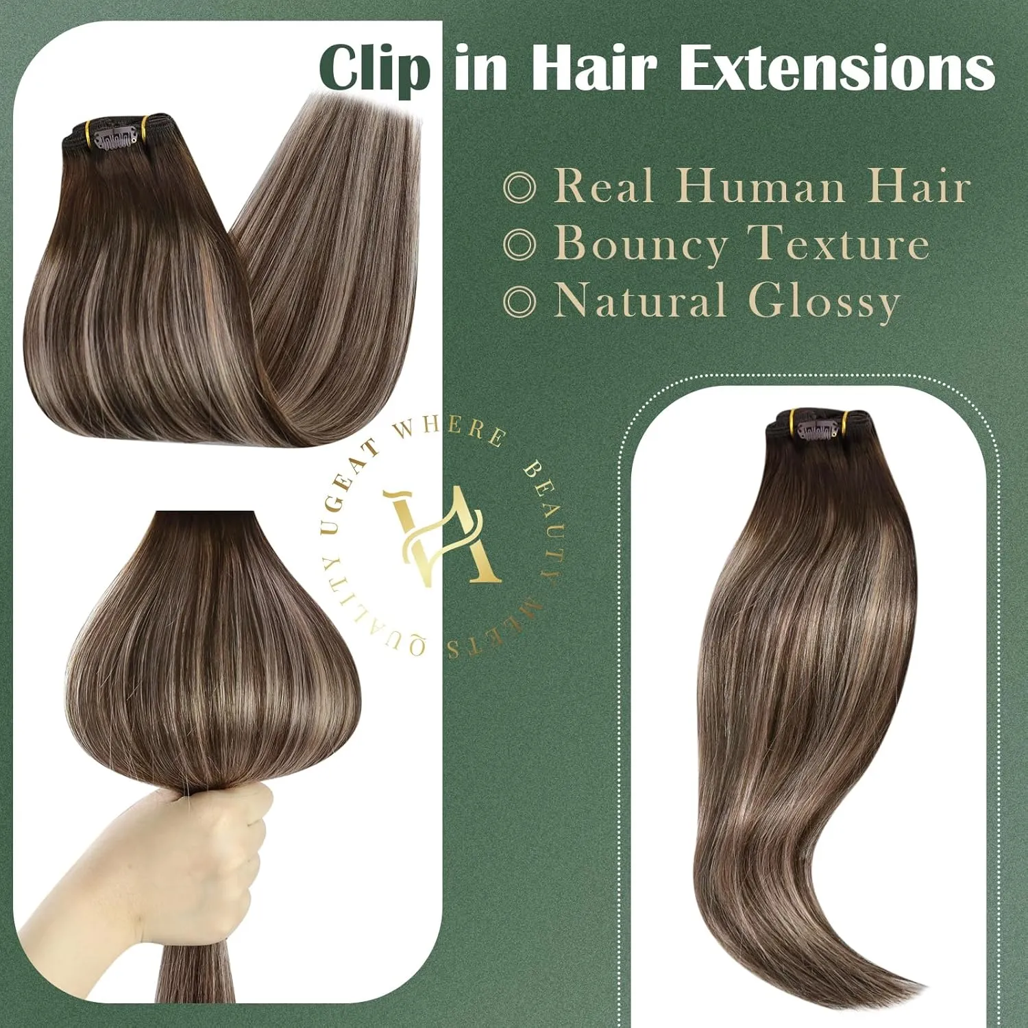 Ugeat 12 Inch Clip in Hair Extensions Real Human Hair Ombre Straight Hair Extensions Clip in Human Hair Dark Brown Balayage Ash Brown Remy Ends Natural Looking for Short 5pcs 85g