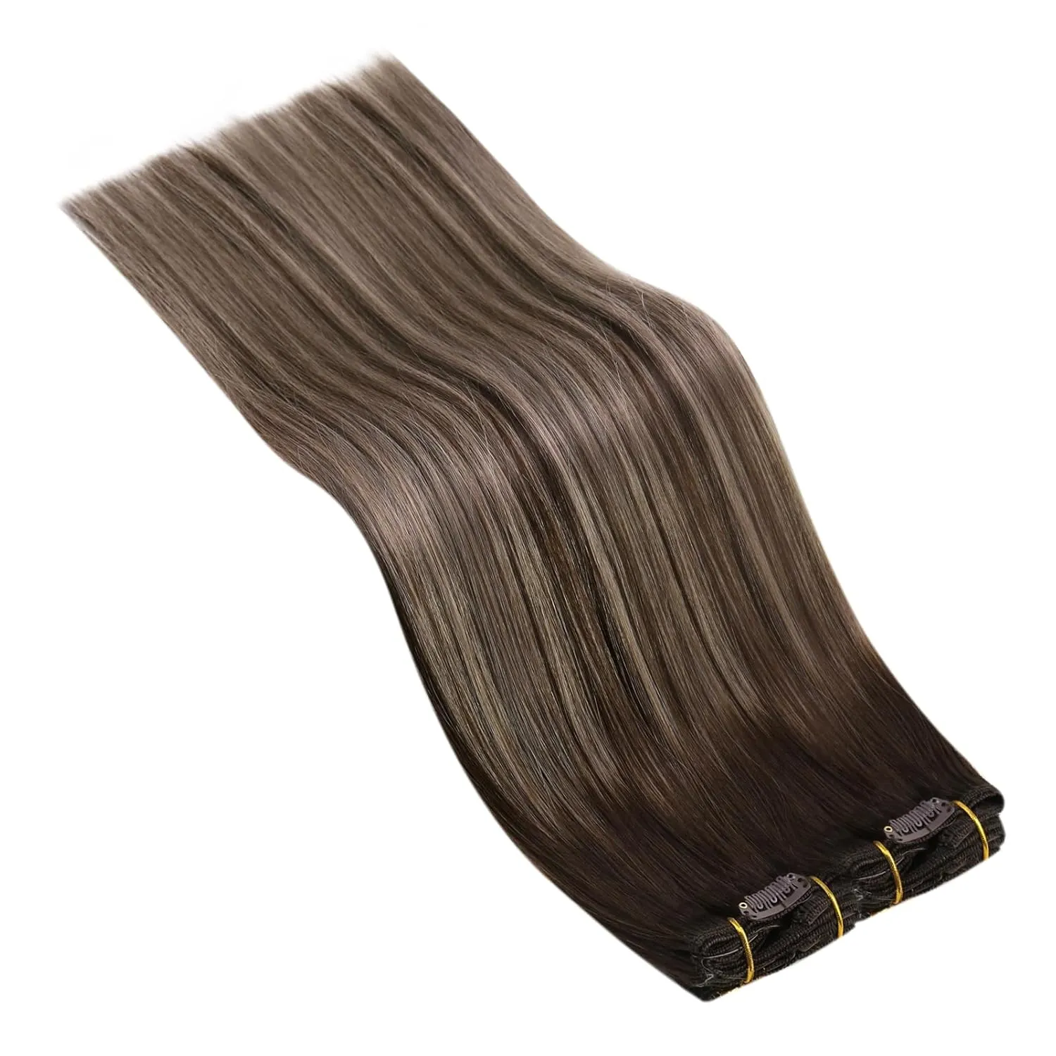 Ugeat 12 Inch Clip in Hair Extensions Real Human Hair Ombre Straight Hair Extensions Clip in Human Hair Dark Brown Balayage Ash Brown Remy Ends Natural Looking for Short 5pcs 85g