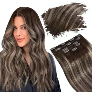 Ugeat 12 Inch Clip in Hair Extensions Real Human Hair Ombre Straight Hair Extensions Clip in Human Hair Dark Brown Balayage Ash Brown Remy Ends Natural Looking for Short 5pcs 85g