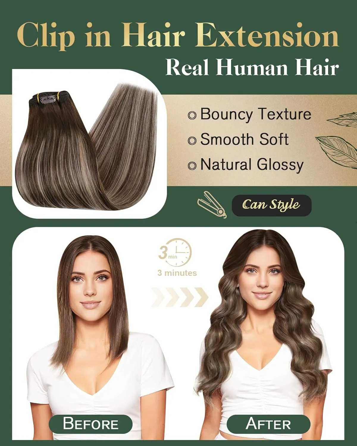 Ugeat 12 Inch Clip in Hair Extensions Real Human Hair Ombre Straight Hair Extensions Clip in Human Hair Dark Brown Balayage Ash Brown Remy Ends Natural Looking for Short 5pcs 85g