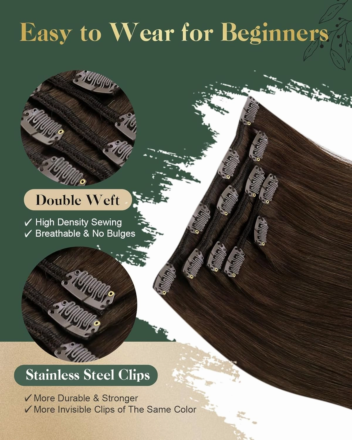 Ugeat Chocolate Brown Hair Extensions Clip ins Short 12 Inch Dark Brown Clip in Extensions Real Human Hair Double Weft Clip-in Hair Extensions Silky Straight Full Head 5pcs 85g