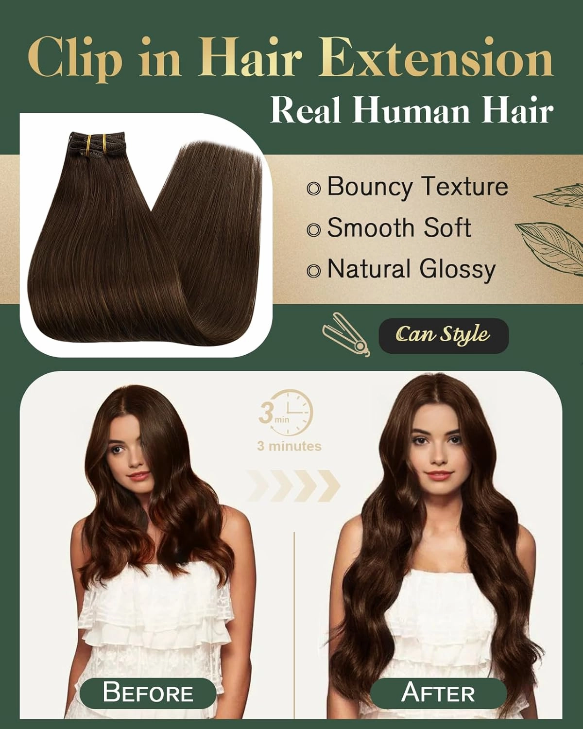 Ugeat Chocolate Brown Hair Extensions Clip ins Short 12 Inch Dark Brown Clip in Extensions Real Human Hair Double Weft Clip-in Hair Extensions Silky Straight Full Head 5pcs 85g