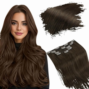 Ugeat Chocolate Brown Hair Extensions Clip ins Short 12 Inch Dark Brown Clip in Extensions Real Human Hair Double Weft Clip-in Hair Extensions Silky Straight Full Head 5pcs 85g