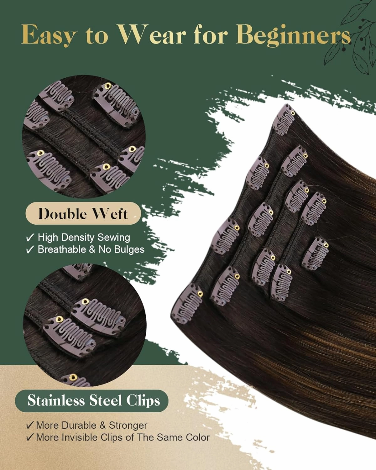 Ugeat Clip in Extensions Real Human Hair Brunette Hair Extensions Clip ins Balayage Darkest Brown Mix Medium Brown Double Weft Remy Softness for Short 12 Inch 5pcs 85g