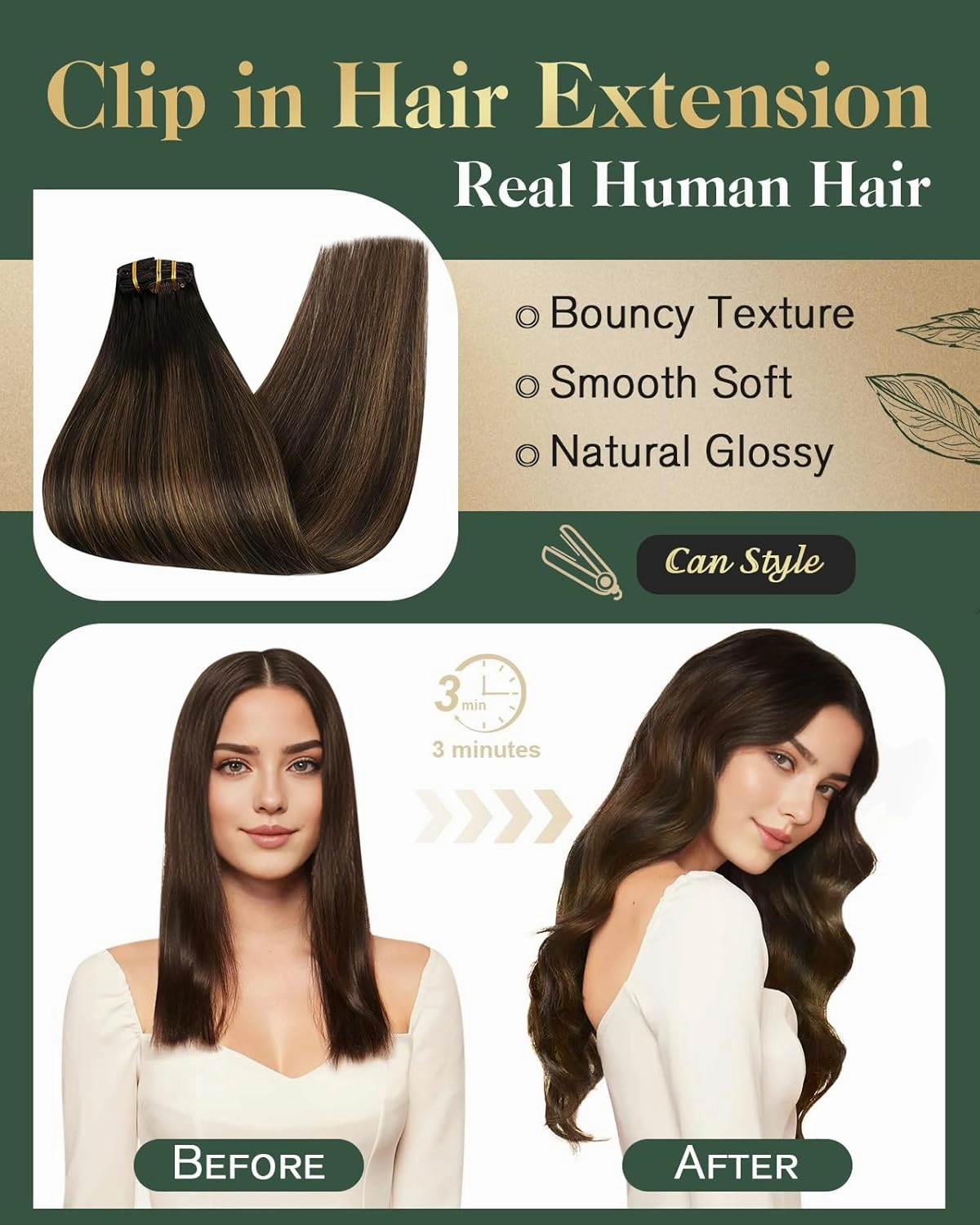 Ugeat Clip in Extensions Real Human Hair Brunette Hair Extensions Clip ins Balayage Darkest Brown Mix Medium Brown Double Weft Remy Softness for Short 12 Inch 5pcs 85g
