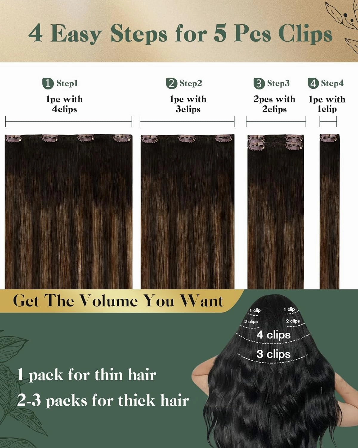 Ugeat Clip in Extensions Real Human Hair Brunette Hair Extensions Clip ins Balayage Darkest Brown Mix Medium Brown Double Weft Remy Softness for Short 12 Inch 5pcs 85g