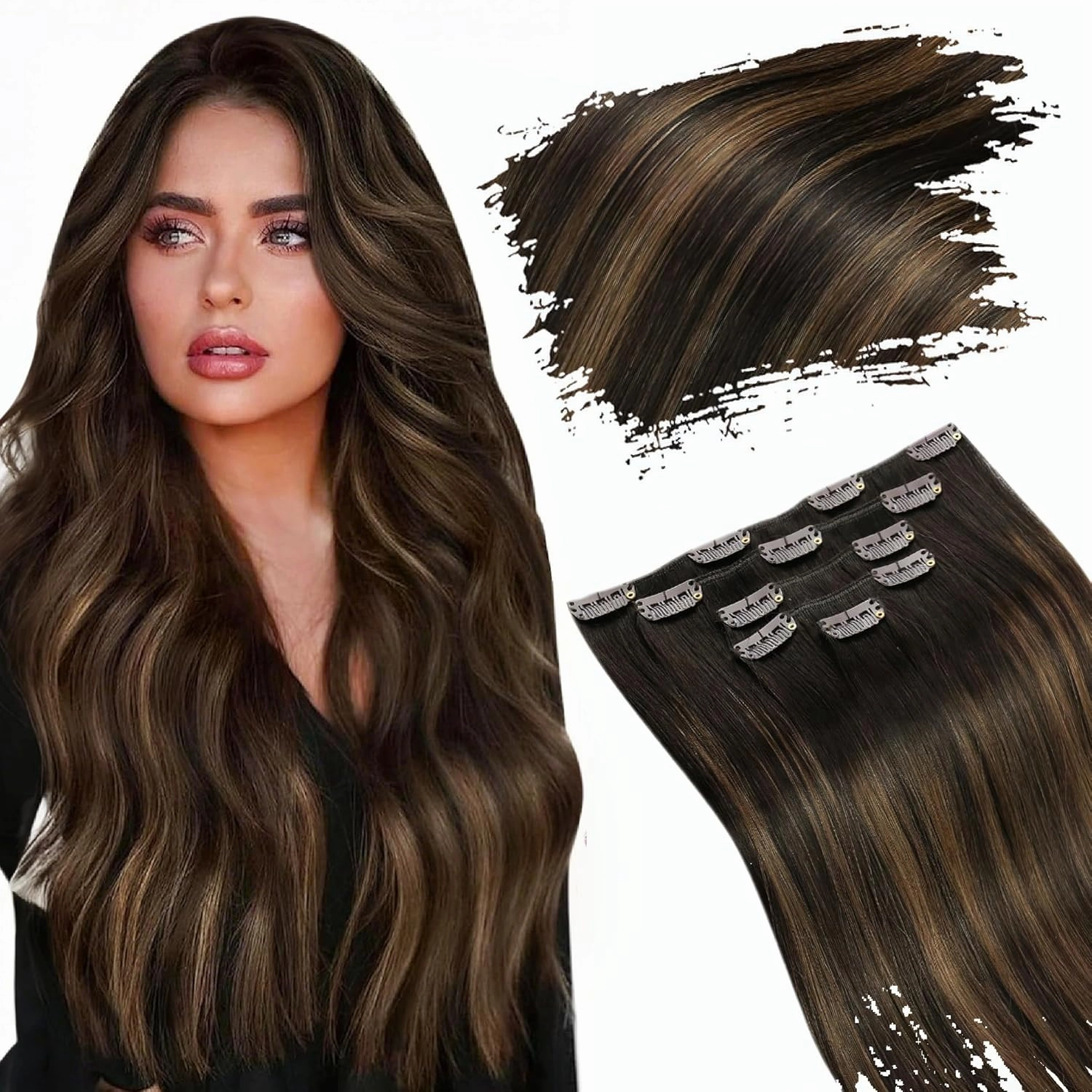 Ugeat Clip in Extensions Real Human Hair Brunette Hair Extensions Clip ins Balayage Darkest Brown Mix Medium Brown Double Weft Remy Softness for Short 12 Inch 5pcs 85g