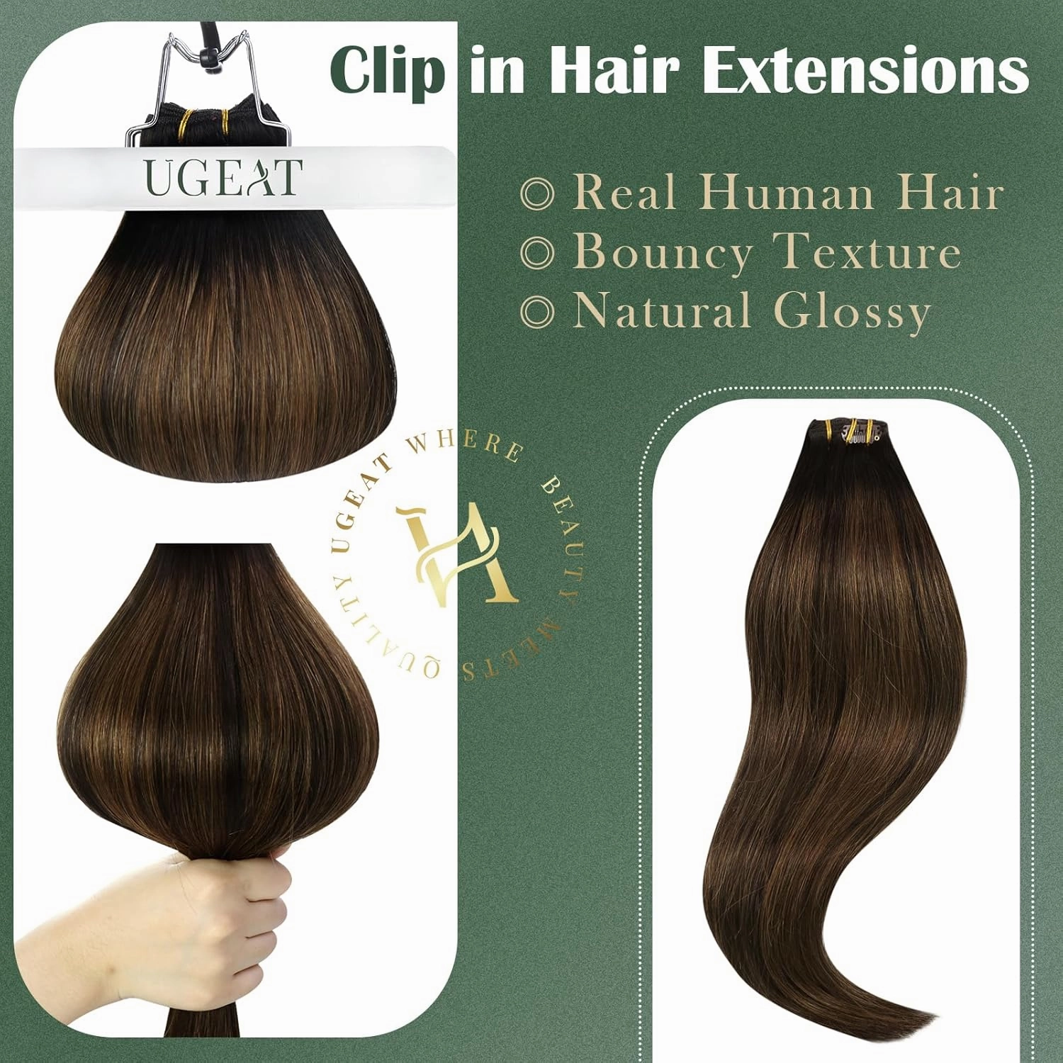 Ugeat Clip in Extensions Real Human Hair Brunette Hair Extensions Clip ins Balayage Darkest Brown Mix Medium Brown Double Weft Remy Softness for Short 12 Inch 5pcs 85g