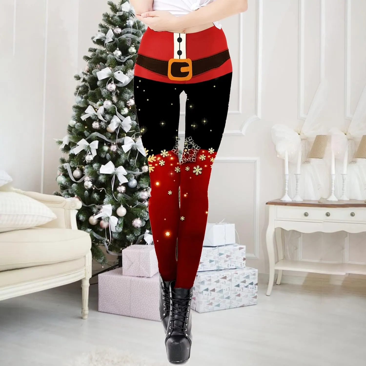 Ugly Christmas Holiday Leggings High Waisted Santa Claus Graphic Print Pant Tummy Control Comfy Athletic Tights