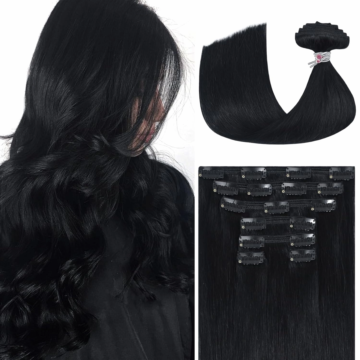 Ukira Black Clip in Hair Extensions Real Human Hair, 16 Inch 120g 7pcs #1 Jet Black Hair Extensions Real Human Hair, Soft Straight Remy Human Hair Clip in Extensions for Women