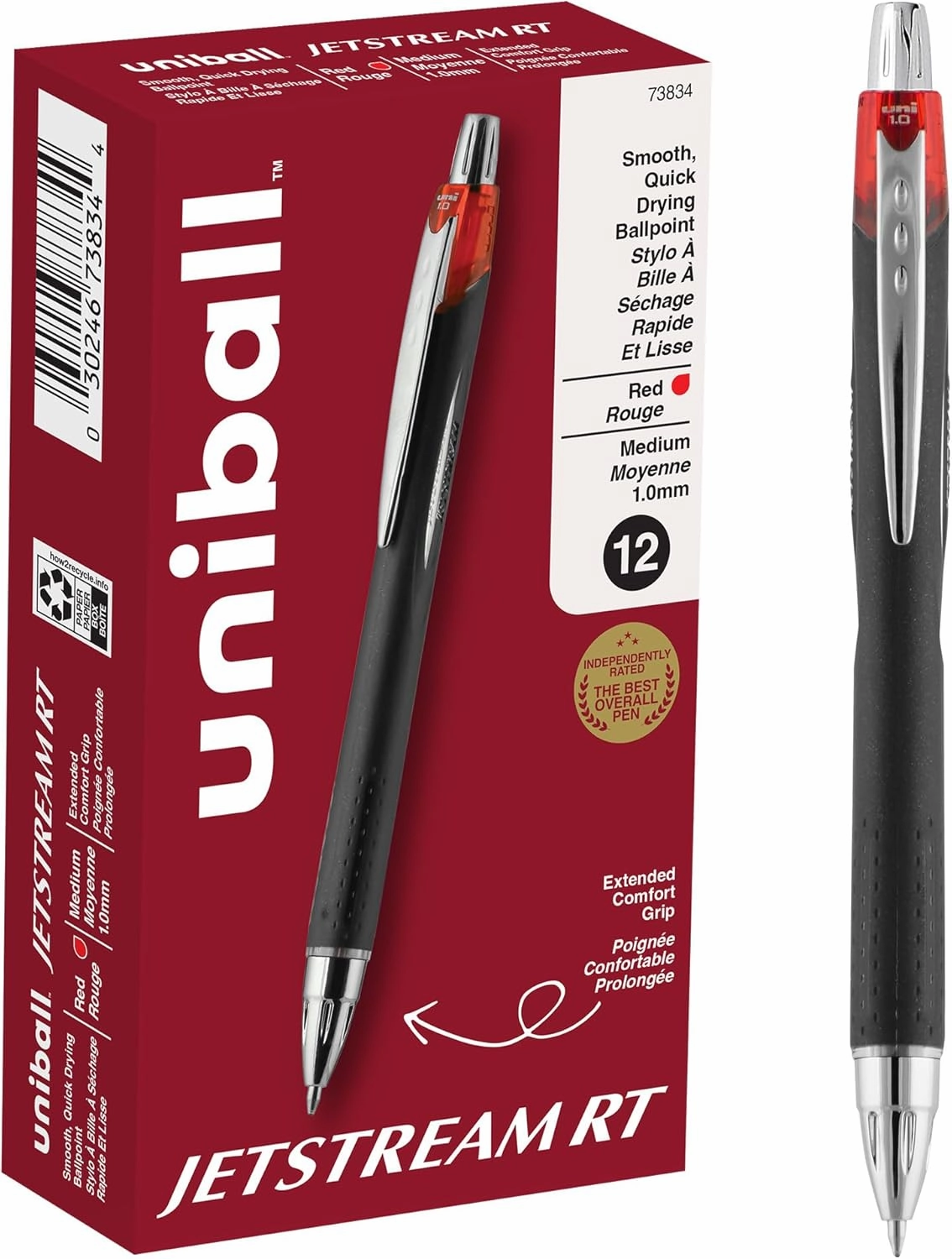 uniball Jetstream Retractable Ballpoint Pen, Bold 1 Mm, Red Ink, Black Barrel