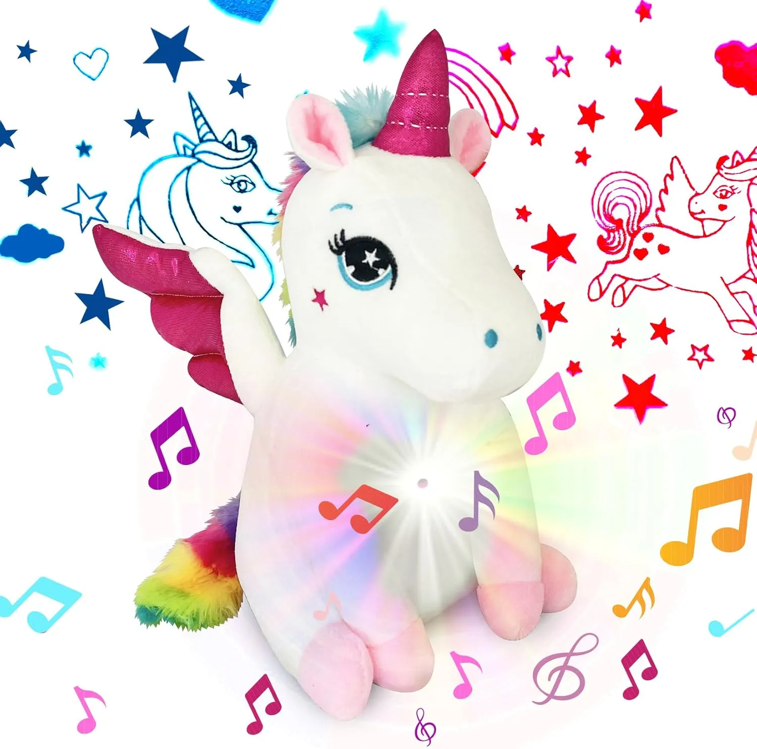Unicorn Light Up Cutie, Musical Stuffed Animal & Night Light - Projector Plush Illuminating Stars & Cute Unicorns on The Wall - 7 Calm Melodies - Gift for Kids, Girls, Toddlers