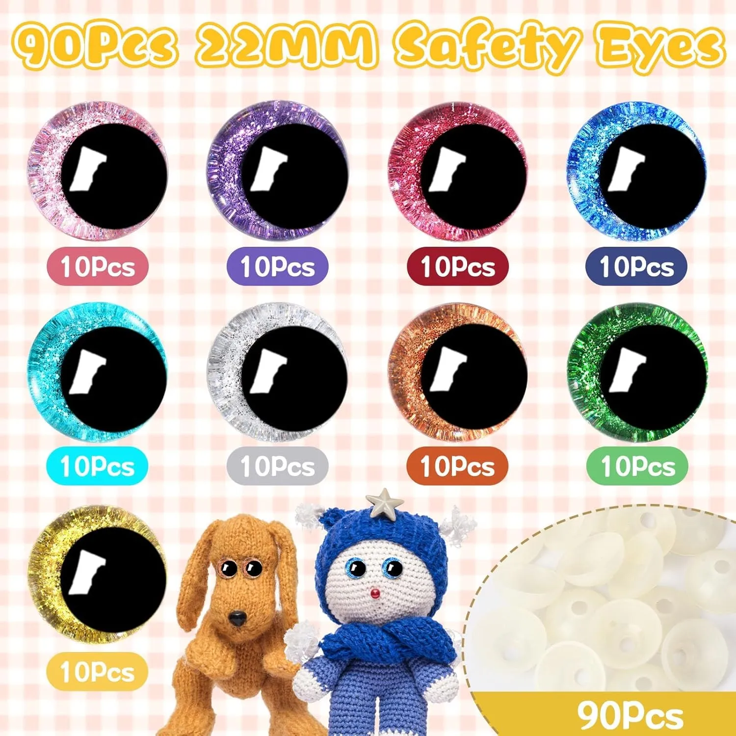 UPINS 180 Pieces 22 mm 3D Glitter Plastic Safety Eyes with Washers for Amigurumi Animal Moon Eyes Plastic Craft Doll Crochet Eyes for DIY of Puppet, Bear Making Supplies (9 Colors)