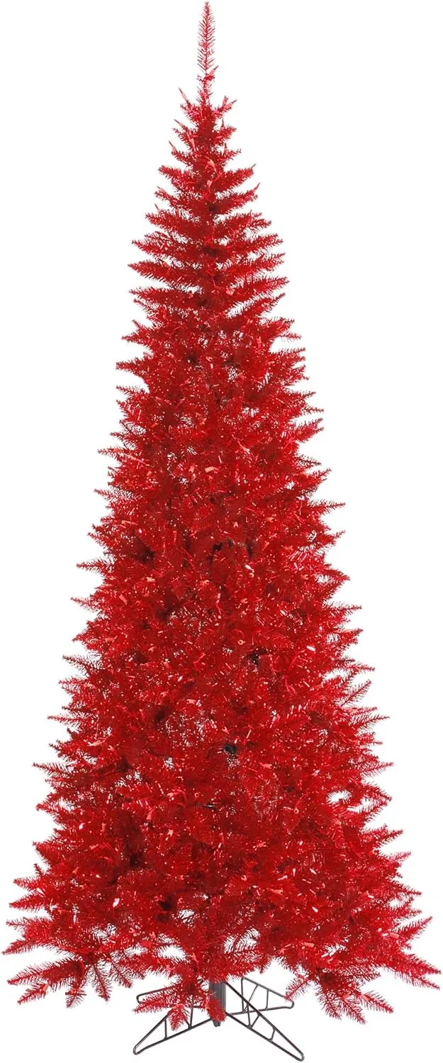 Vickerman 6.5' Tinsel Red Fir Slim Artificial Christmas Tree, Unlit - Faux Red Christmas Tree - Seasonal Indoor Home Decor