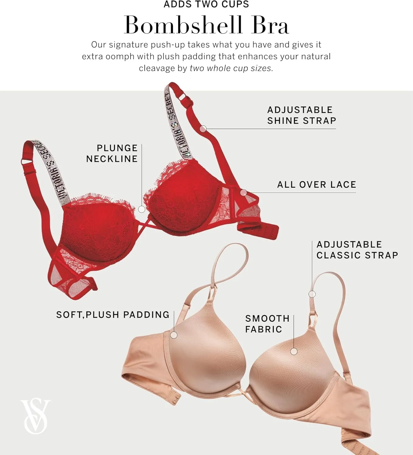 Victoria's Secret Women's Very Sexy Bombshell Adds-2-Cups Push Up Double Shine Strap Bra, Bras for Women (32A-38DDD)