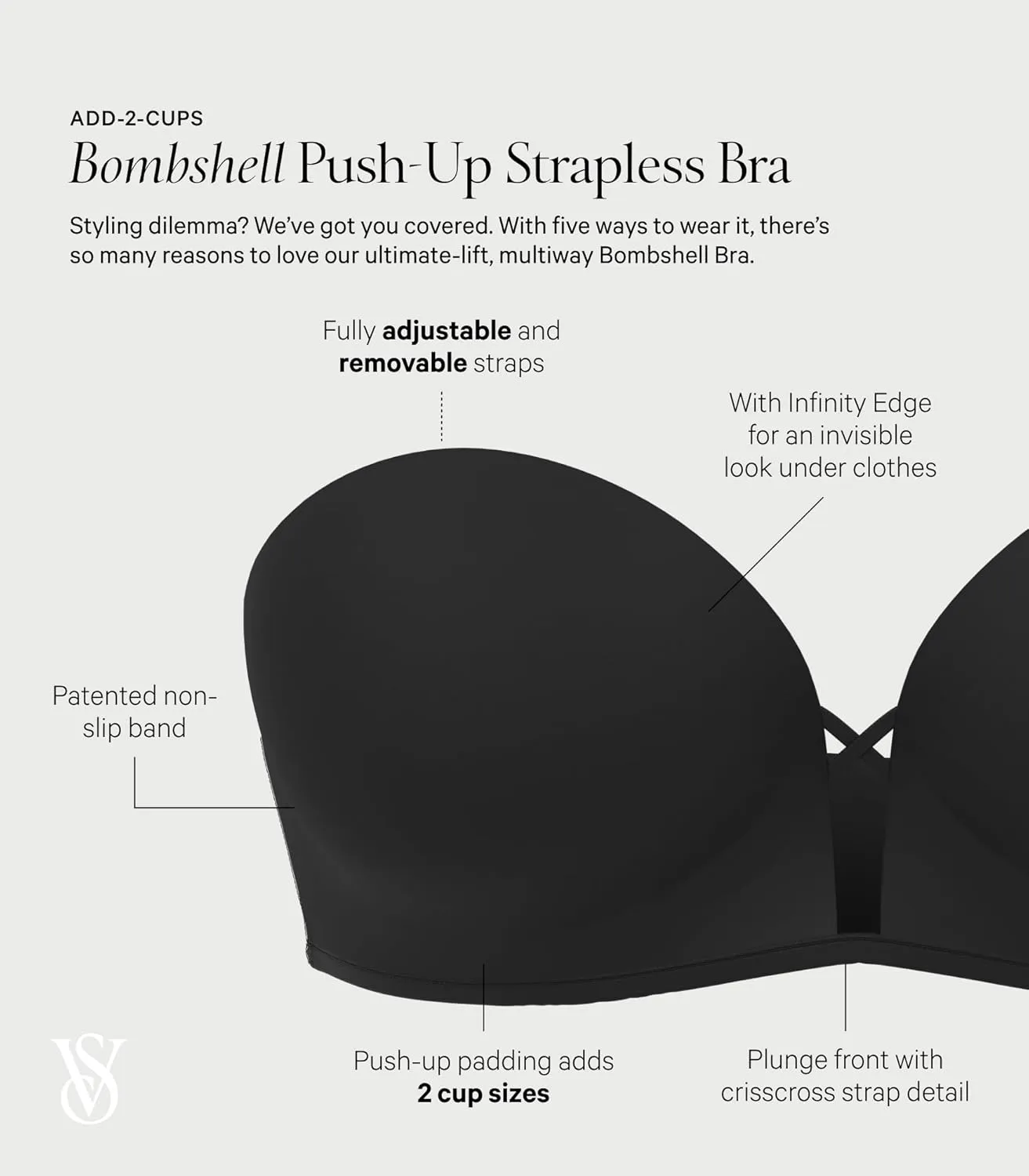 Victoria's Secret Women's Very Sexy Bombshell Adds-2-Cups Push Up Strapless Bra, Bras for Women (32A-38D)