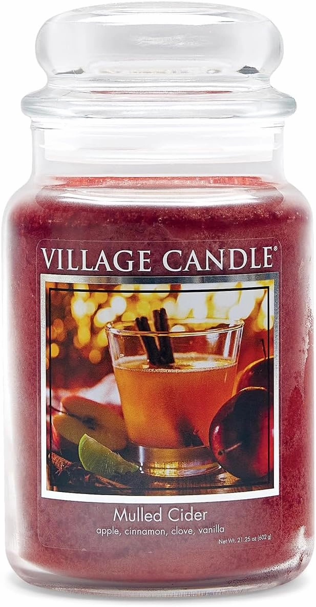Village Candle Mulled Cider Large Glass Apothecary Jar Scented Candle, 21.25 oz, Red