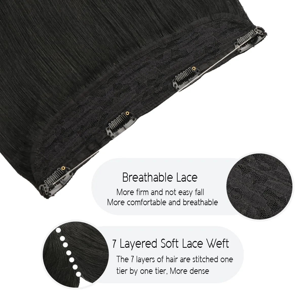 VINBAO Human Hair Extensions 18in 85g Invisible Wire Jet Black Real Human Hair Extensions Black Hair Piece Extensions (wire#1 18in)