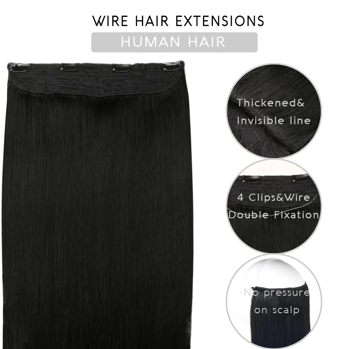VINBAO Human Hair Extensions 18in 85g Invisible Wire Jet Black Real Human Hair Extensions Black Hair Piece Extensions (wire#1 18in)