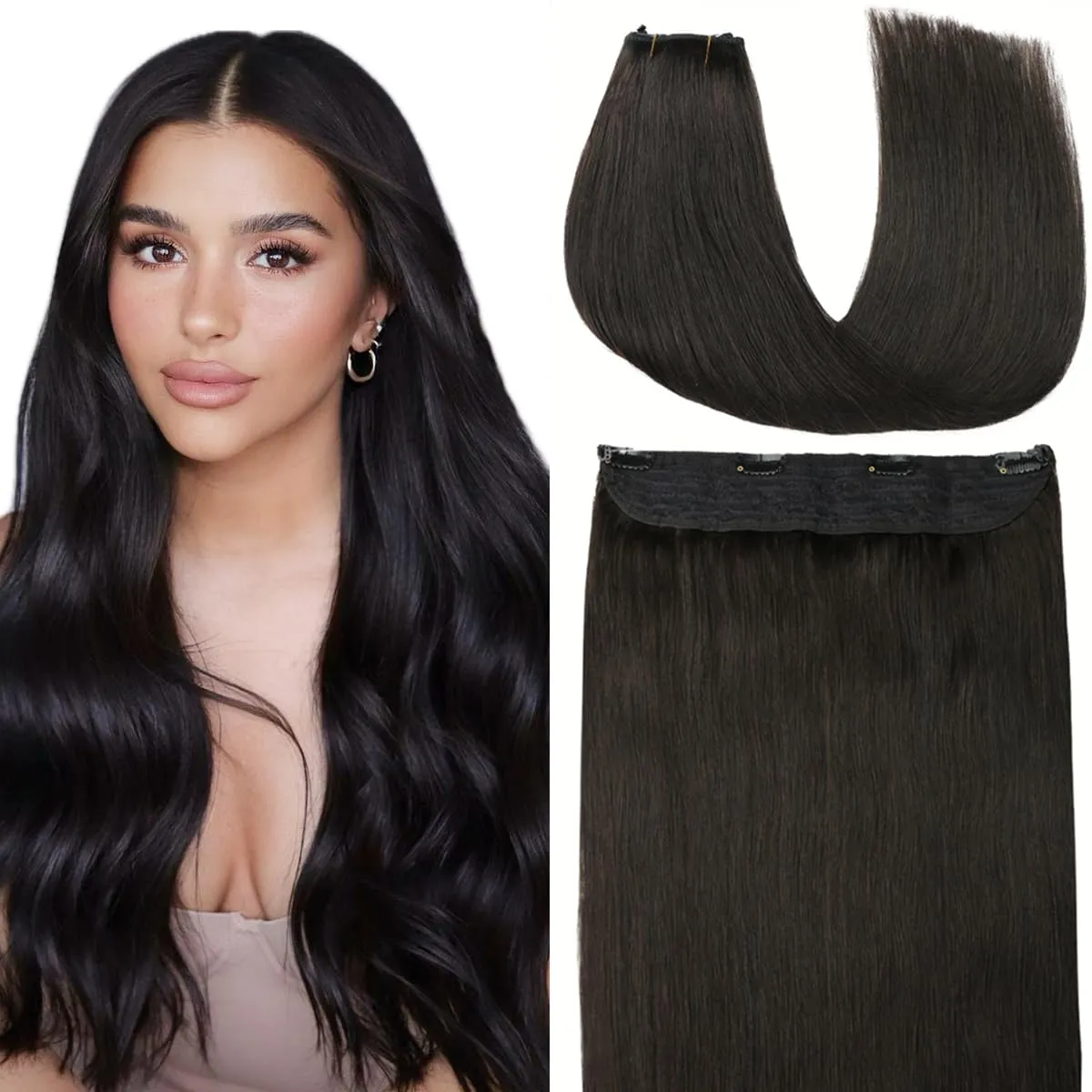 VINBAO Wire Hair Extensions Black Wire Extensions Real Human Hair 18inch 85g #1B Romantic Black Fishing Line Human Hair Extensions Invisible Transparent Fish Line Extensions (wire#1B 18in)