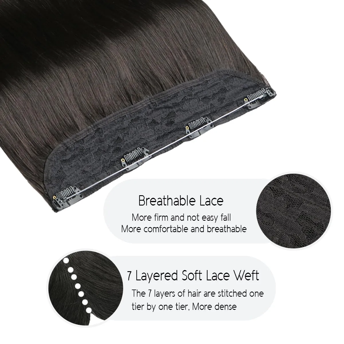 VINBAO Wire Hair Extensions Black Wire Extensions Real Human Hair 18inch 85g #1B Romantic Black Fishing Line Human Hair Extensions Invisible Transparent Fish Line Extensions (wire#1B 18in)