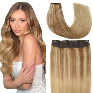 VINBAO Wire Hair Extensions Human Hair Straight Invisible Hair Extensions with Transparent Line Golden Blonde Mix 16 Dirty Blonde Fading to 16 Blonde 18in Hairpiece 85g (#101616 18in)