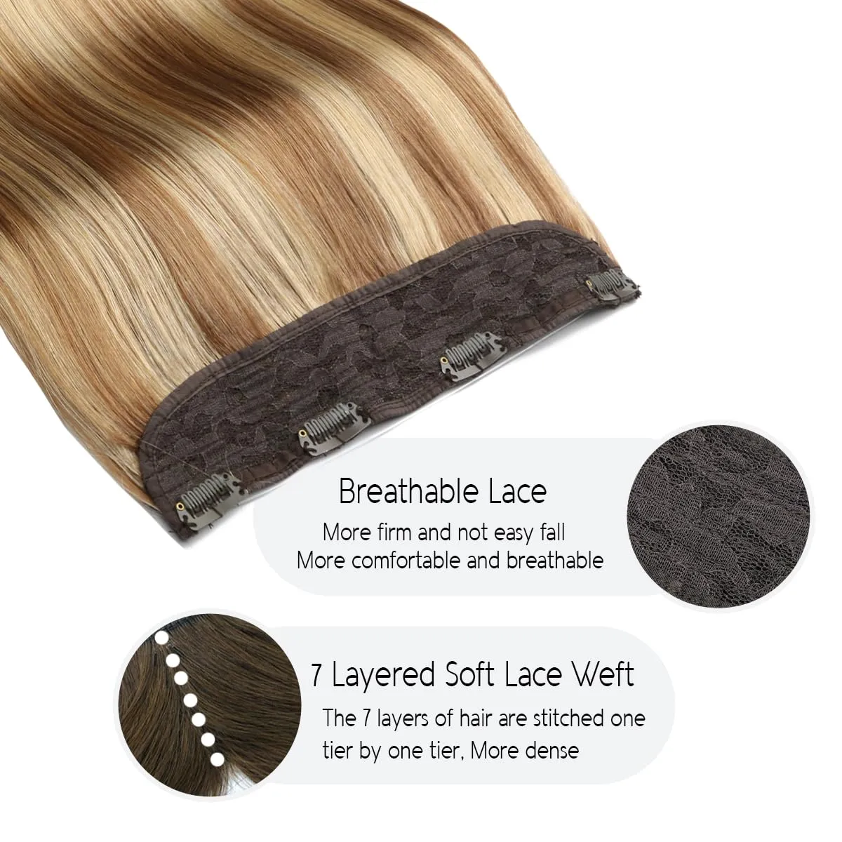 VINBAO Wire Hair Extensions Human Hair Straight Invisible Hair Extensions with Transparent Line Golden Blonde Mix 16 Dirty Blonde Fading to 16 Blonde 18in Hairpiece 85g (#101616 18in)