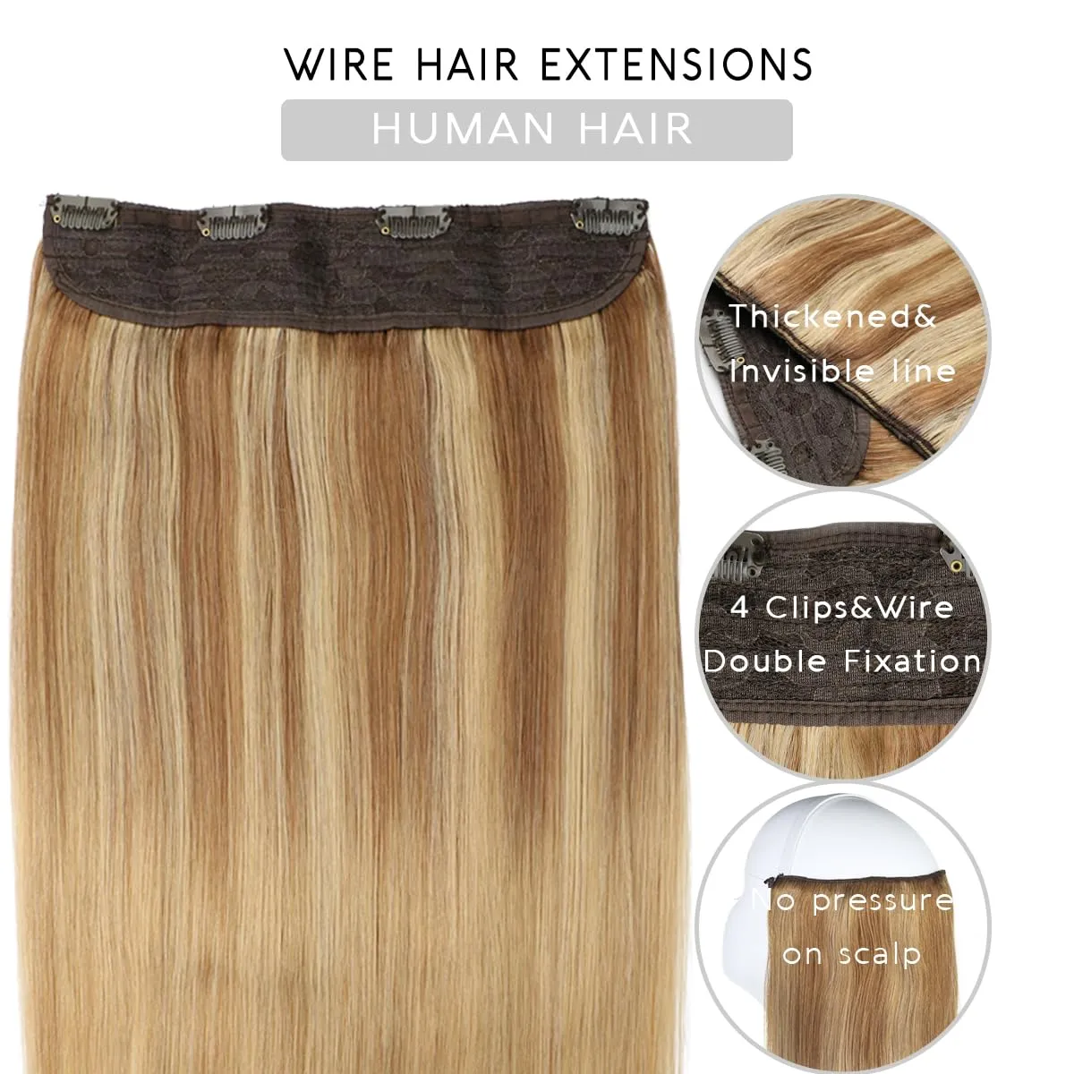 VINBAO Wire Hair Extensions Human Hair Straight Invisible Hair Extensions with Transparent Line Golden Blonde Mix 16 Dirty Blonde Fading to 16 Blonde 18in Hairpiece 85g (#101616 18in)