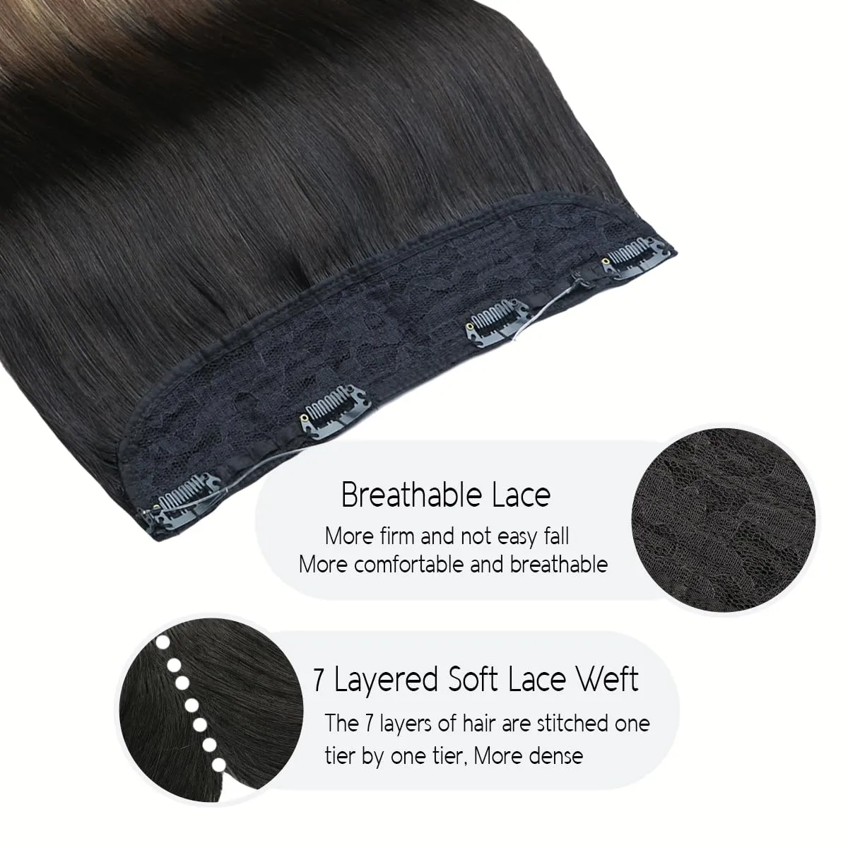 VINBAO Wire Human Hair Extensions 18in 85g Hairpiece Real Wire Hair Extensions Natural Black Fading to Brown Mixed Honey Blonde Straight Invisible Hair Extensions with Fish Line (#1B427 18in)