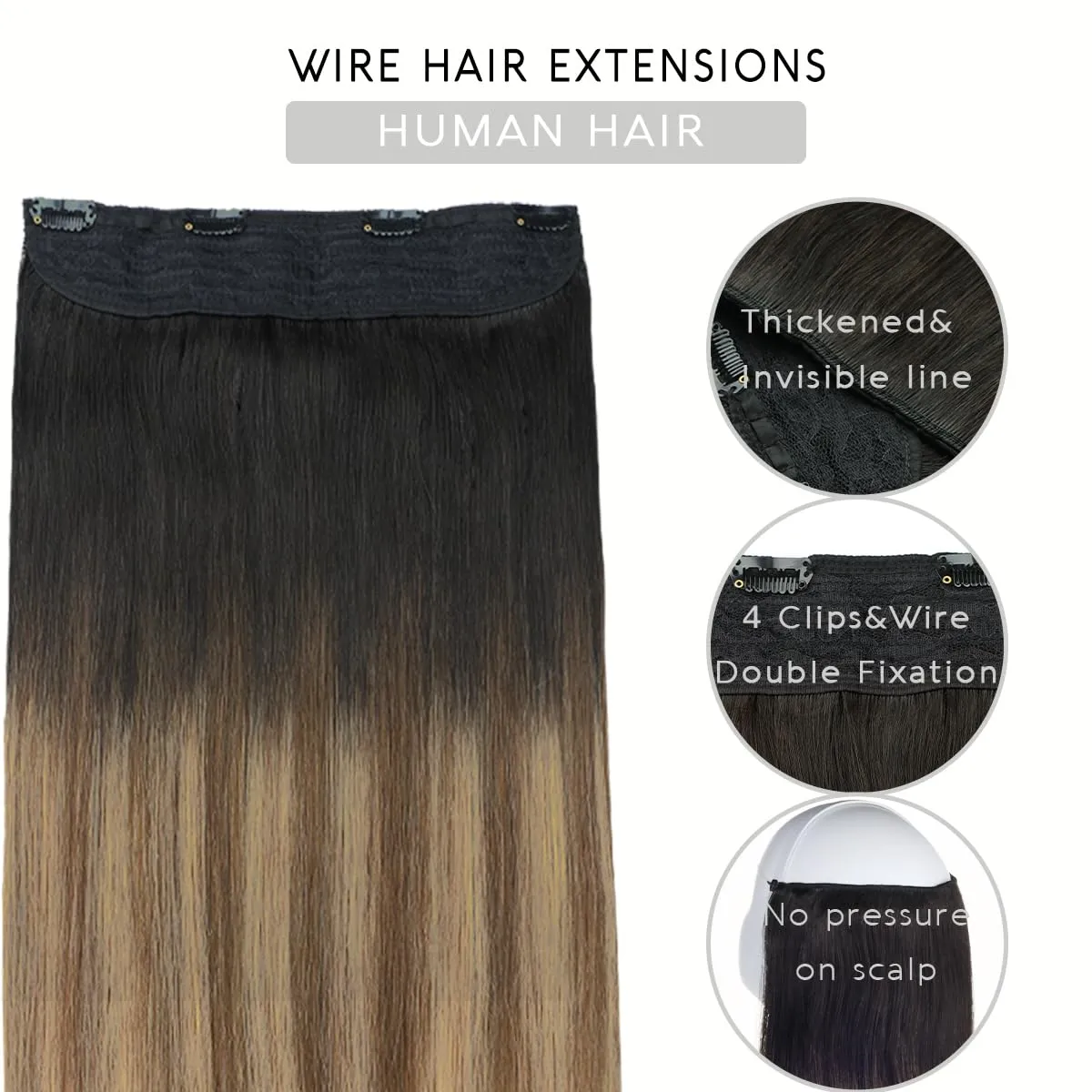 VINBAO Wire Human Hair Extensions 18in 85g Hairpiece Real Wire Hair Extensions Natural Black Fading to Brown Mixed Honey Blonde Straight Invisible Hair Extensions with Fish Line (#1B427 18in)