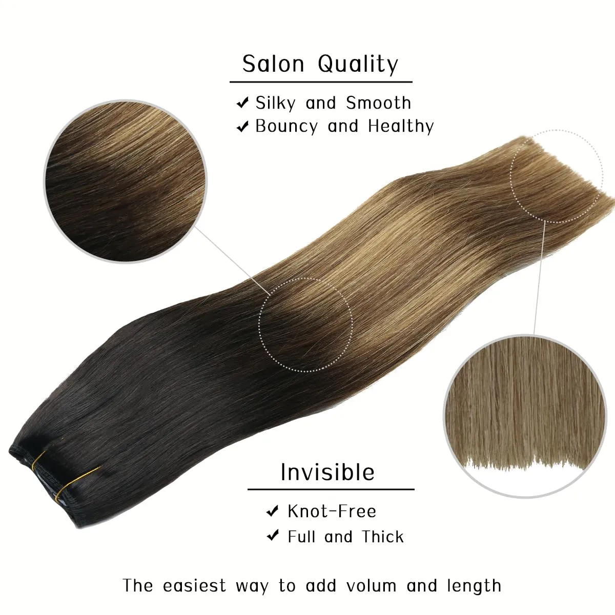 VINBAO Wire Human Hair Extensions 18in 85g Hairpiece Real Wire Hair Extensions Natural Black Fading to Brown Mixed Honey Blonde Straight Invisible Hair Extensions with Fish Line (#1B427 18in)