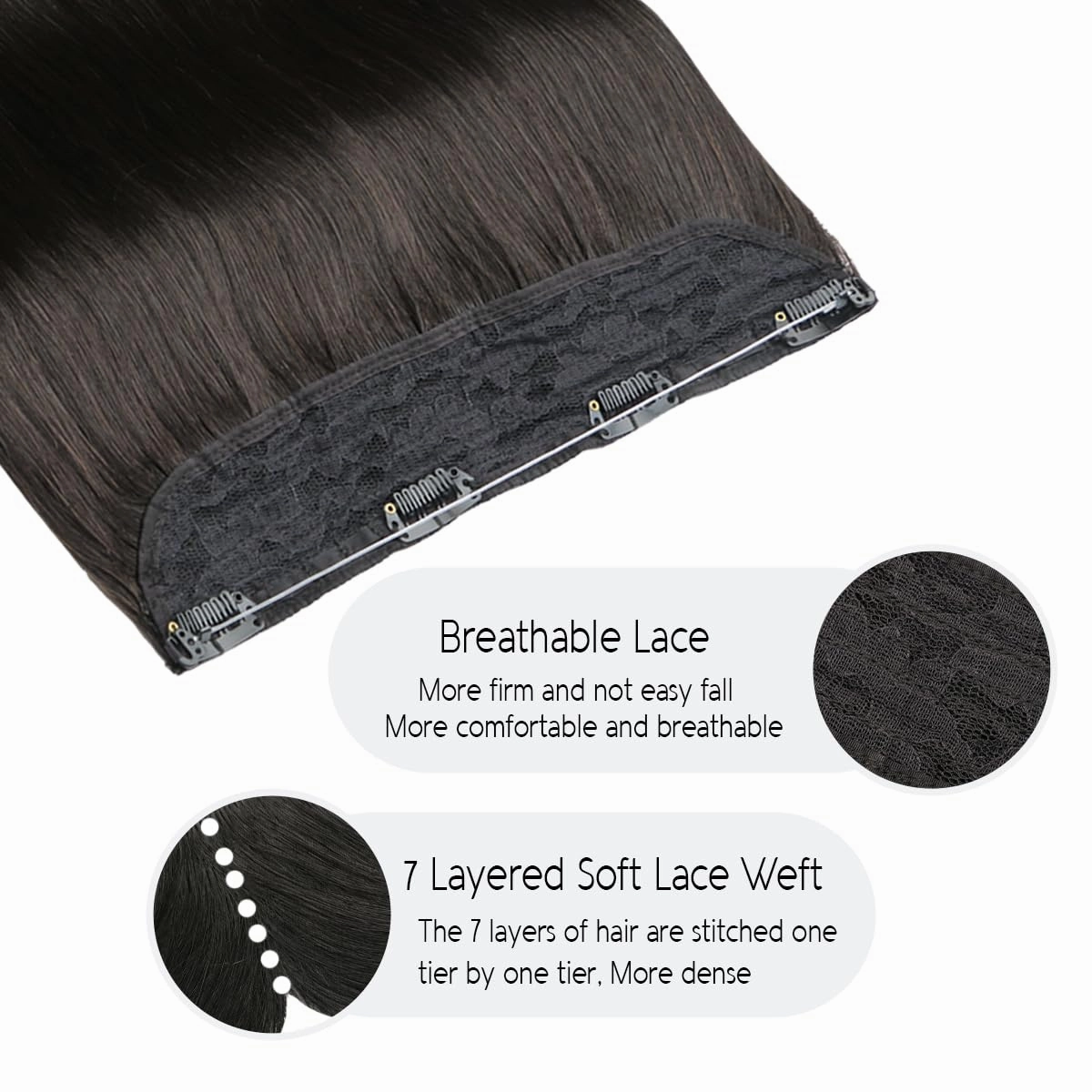 VINBAO Human Hair Extensions Wire Hair Extensions Invisible with Transparent Fish Line Color 1B Natural Black 14 Inch 70g Straight Hairpiece (Wire#1B 14in)