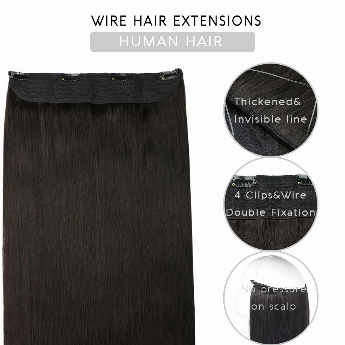 VINBAO Human Hair Extensions Wire Hair Extensions Invisible with Transparent Fish Line Color 1B Natural Black 14 Inch 70g Straight Hairpiece (Wire#1B 14in)