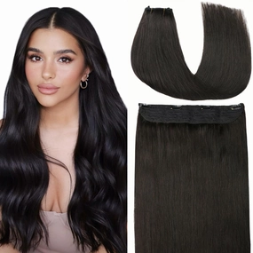 VINBAO Human Hair Extensions Wire Hair Extensions Invisible with Transparent Fish Line Color 1B Natural Black 14 Inch 70g Straight Hairpiece (Wire#1B 14in)