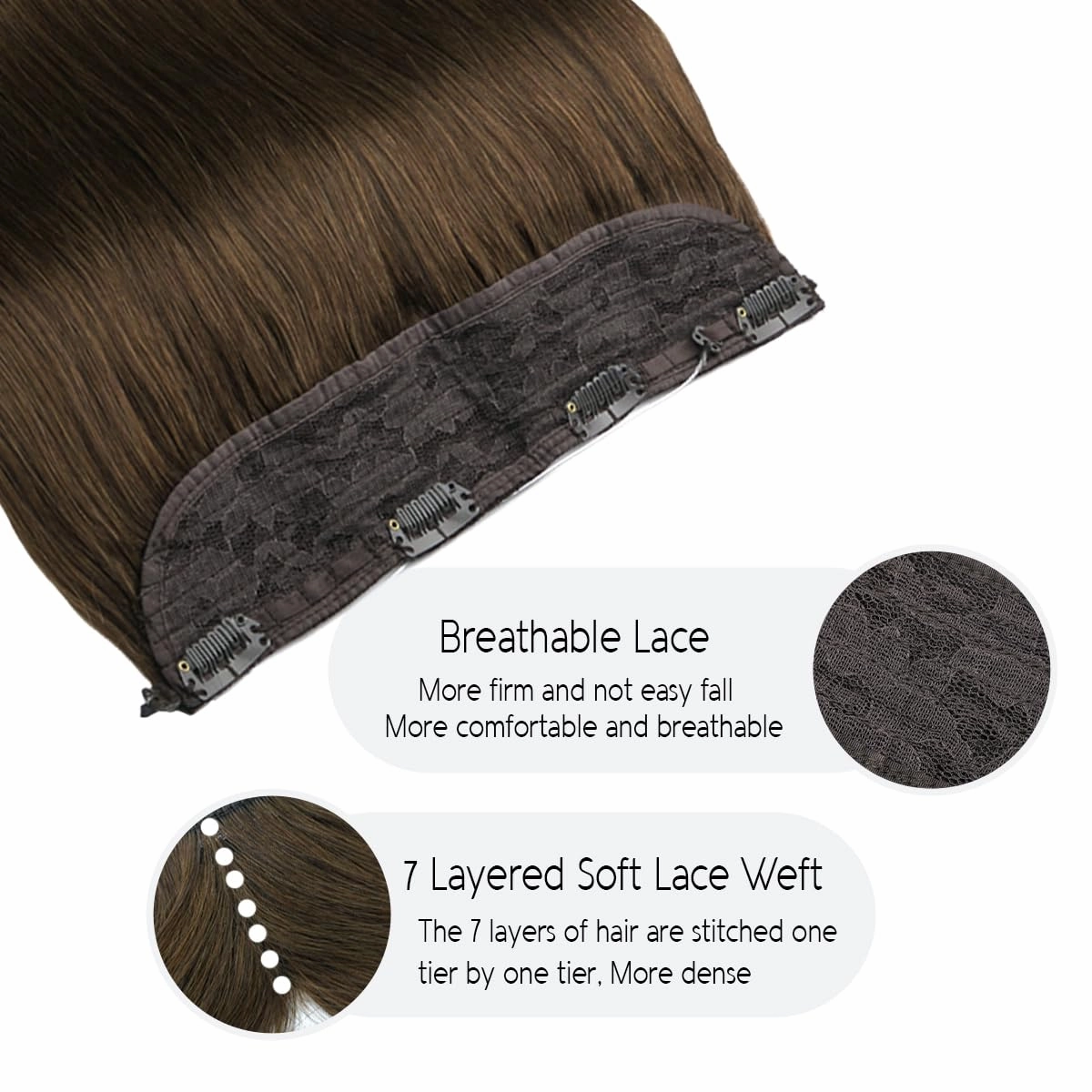 VINBAO Human Hair Extensions Wire Hair Medium Brown 14 Inch 70g Natural Hair Extensions Straight Invisible Hair Extensions with Transparent Fish Line Hairpiece (wire#4 14in)