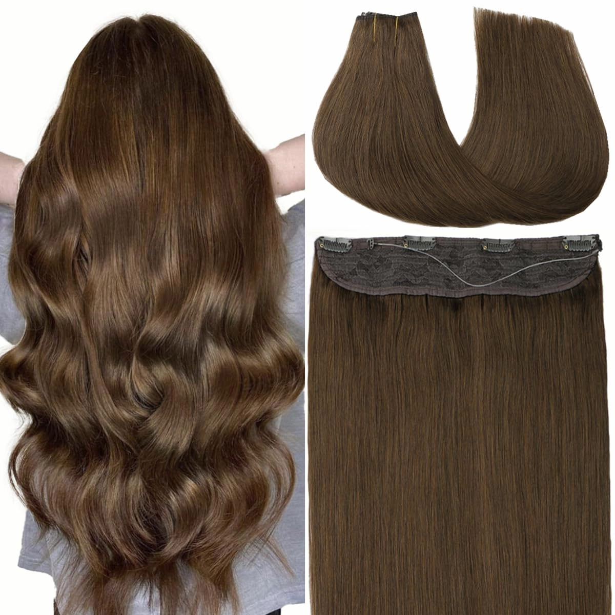 VINBAO Human Hair Extensions Wire Hair Medium Brown 14 Inch 70g Natural Hair Extensions Straight Invisible Hair Extensions with Transparent Fish Line Hairpiece (wire#4 14in)
