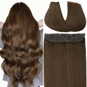 VINBAO Human Hair Extensions Wire Hair Medium Brown 14 Inch 70g Natural Hair Extensions Straight Invisible Hair Extensions with Transparent Fish Line Hairpiece (wire#4 14in)