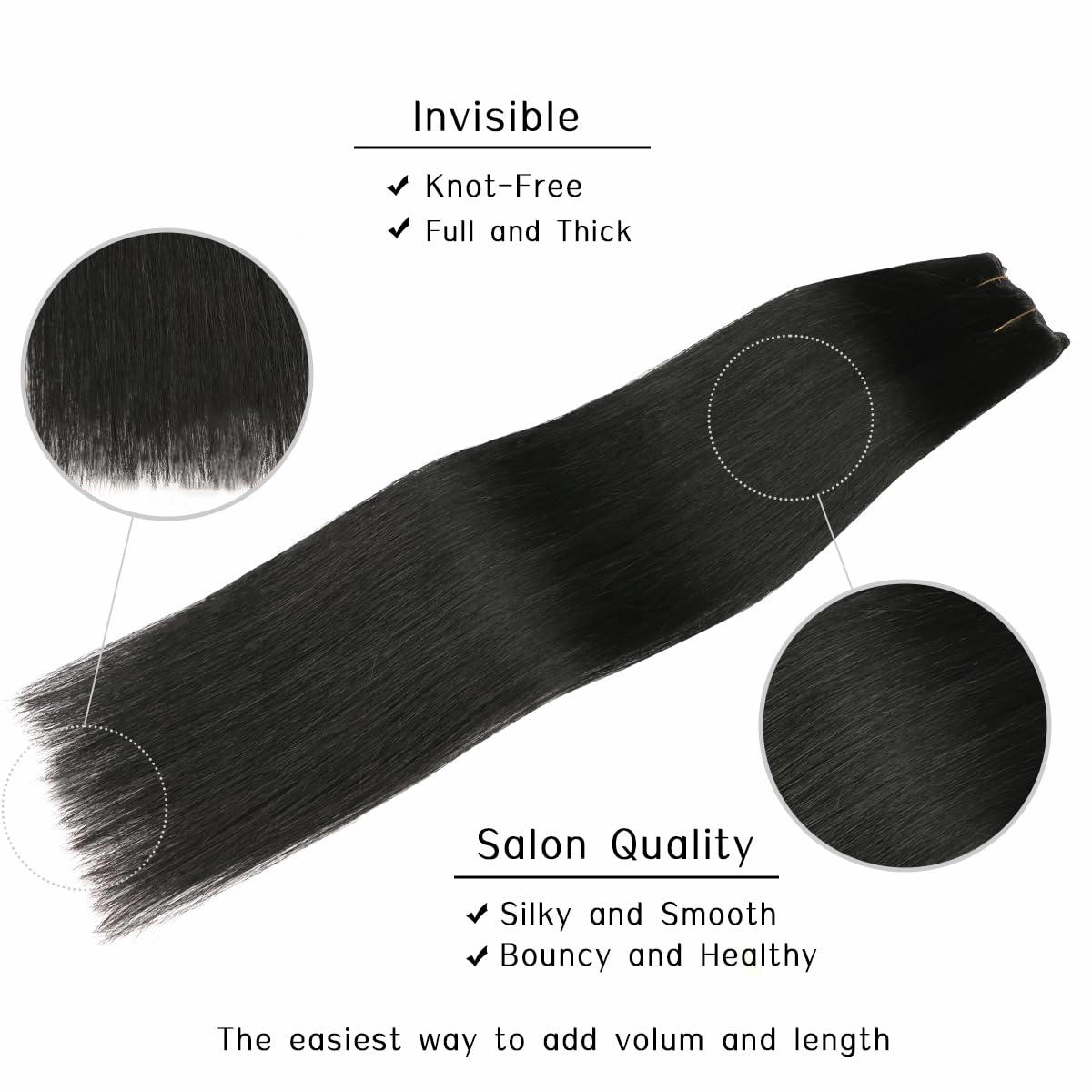 VINBAO Invisible Wire Hair Extensions Real Human Hair #1 Jet Black Transparent Fish Line Wire Human Hair Extensions Silky Straight 14inch 70g (wire#1 14in)