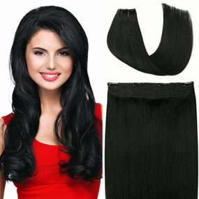 VINBAO Invisible Wire Hair Extensions Real Human Hair #1 Jet Black Transparent Fish Line Wire Human Hair Extensions Silky Straight 14inch 70g (wire#1 14in)