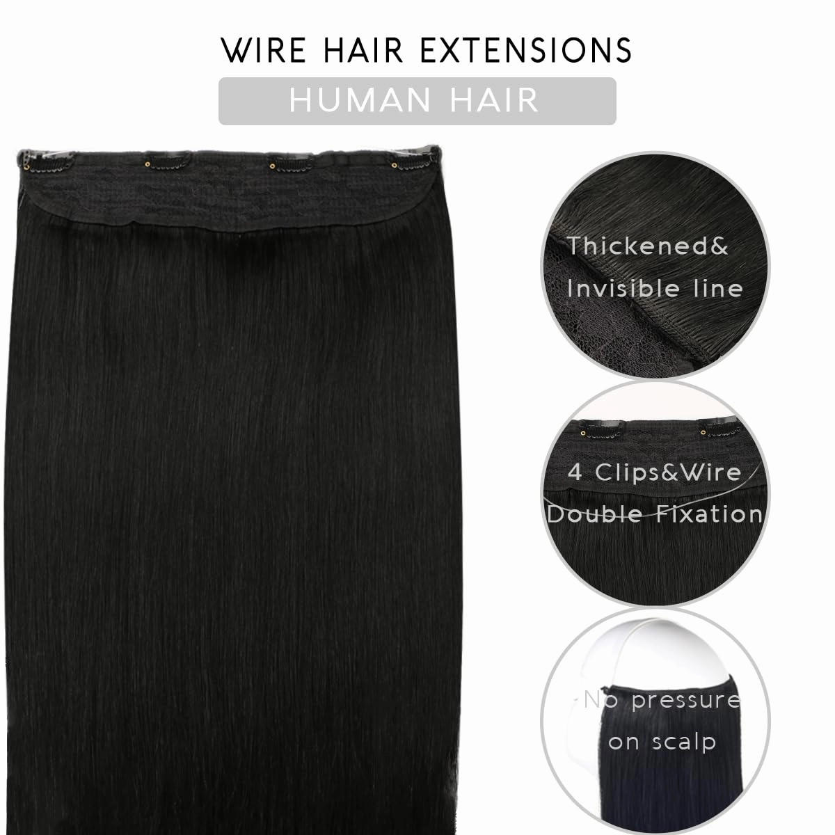 VINBAO Invisible Wire Hair Extensions Real Human Hair #1 Jet Black Transparent Fish Line Wire Human Hair Extensions Silky Straight 14inch 70g (wire#1 14in)