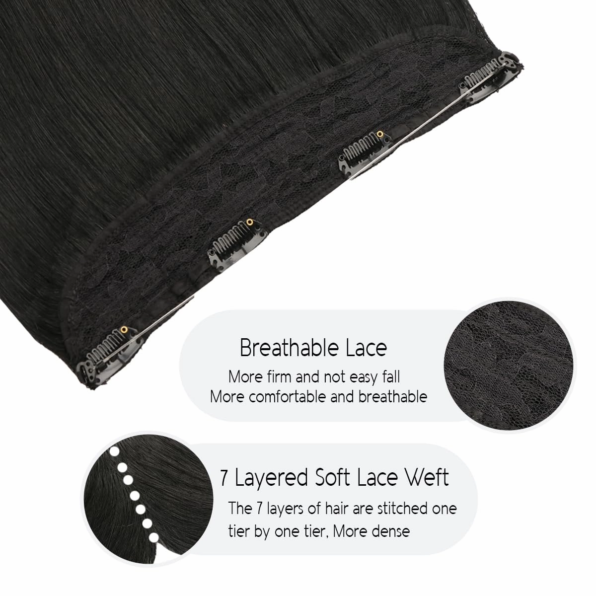 VINBAO Invisible Wire Hair Extensions Real Human Hair #1 Jet Black Transparent Fish Line Wire Human Hair Extensions Silky Straight 14inch 70g (wire#1 14in)