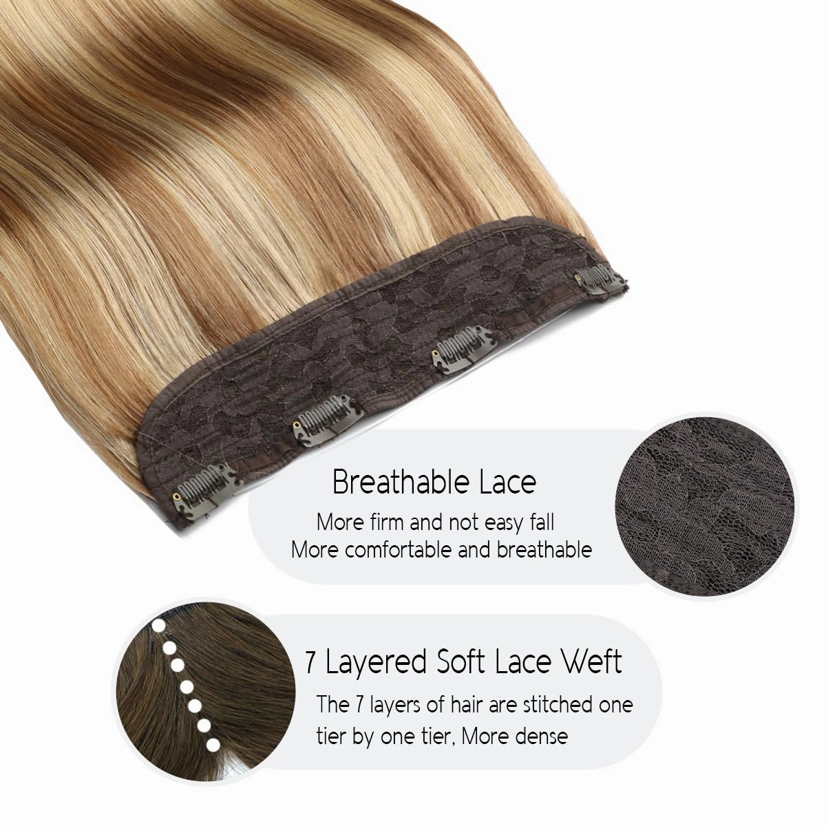 VINBAO Wire Hair Extensions Real Human Hair Balayage Color 10 Golden Brown Fading to 16 Golden Blonde Highlight 16 Blonde Invisible Wire Hair Extensions 14inch 70g (#101616 14in)