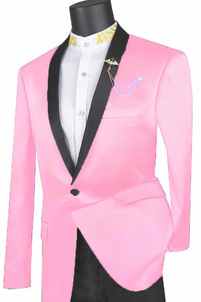 Vinci Men's Shiny Satin Tux Jacket | Slim Fit, One Button, Pink