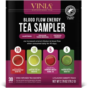 VINIA Tea Sampler, 4 Flavor Variety Pack. Made with Organic Teas, Infused with Piceid Resveratrol for Heart Health, Nitric Oxide, Physical Energy, Alertness, Blood Flow, Keto, Kosher, NON-GMO. 30 Ct