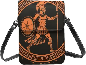 vintage ancient Greek soldier circular black orange Leather Small Crossbody Bags for Women Cell Phone Bag Wallet Purses with Adjustable Strap